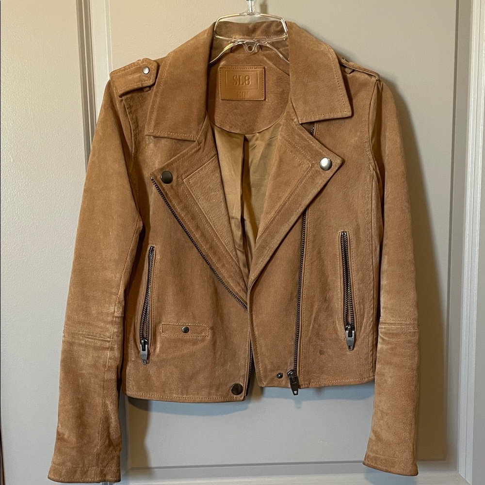 Suede Biker Jacket - Camel Brown